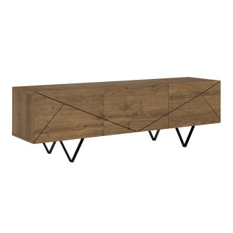 Meuble TV 3 portes aspect bois foncé avec lignes graphiques pieds métal en V - CORELLE