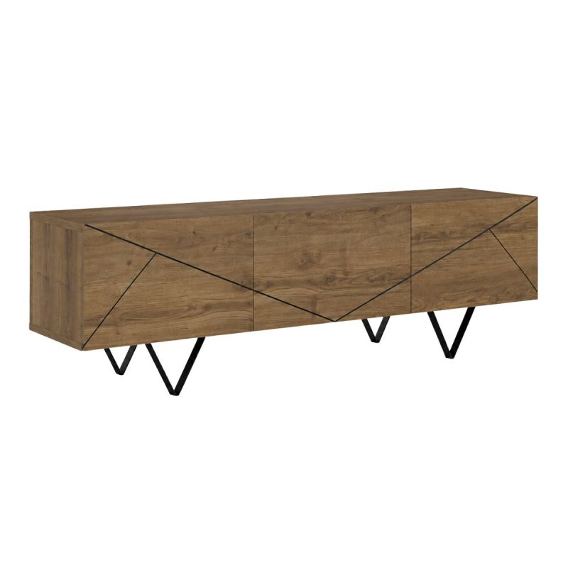 Meuble TV 3 portes aspect bois foncé avec lignes graphiques pieds métal en V - CORELLE