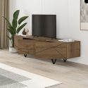 Meuble TV 3 portes aspect bois foncé avec lignes graphiques pieds métal en V - CORELLE