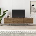 Meuble TV 3 portes aspect bois foncé avec lignes graphiques pieds métal en V - CORELLE