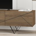 Meuble TV 3 portes aspect bois foncé avec lignes graphiques pieds métal en V - CORELLE