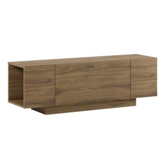 Meuble TV 1 porte abattante et 2 niches latérales aspect bois clair et beige mat - TRIVOR