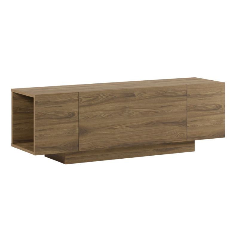 Meuble TV 1 porte abattante et 2 niches latérales aspect bois clair et beige mat - TRIVOR