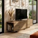 Meuble TV 1 porte abattante et 2 niches latérales aspect bois clair et beige mat - TRIVOR