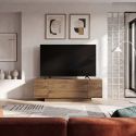Meuble TV 1 porte abattante et 2 niches latérales aspect bois clair et beige mat - TRIVOR