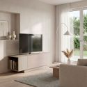 Meuble TV 1 porte abattante et 2 niches latérales aspect bois clair et beige - TRIVOR