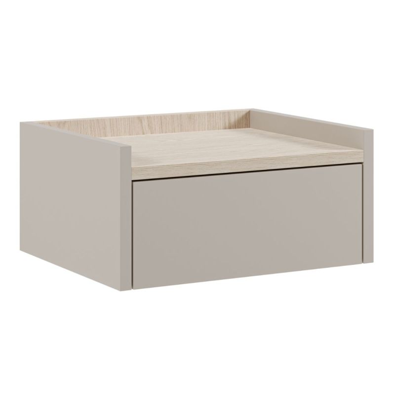 Chevet suspendu 1 tiroir beige mat plateau aspect bois clair - DEKTER