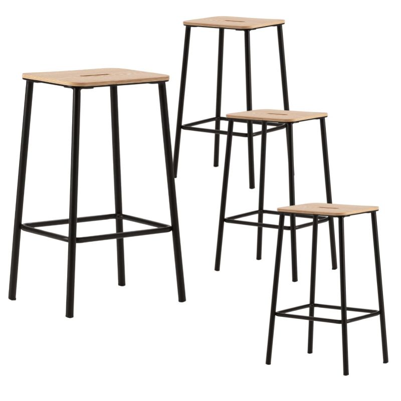 Lot de 4 tabourets de bar H65cm en bois naturel pied en métal noir - BAHIA