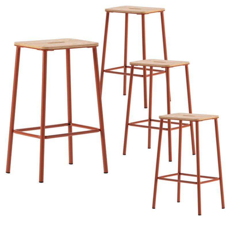 Lot de 4 tabourets de bar H65cm en bois naturel pied en métal brique - BAHIA