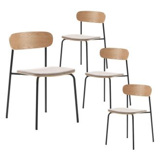 Lot de 4 chaises dossier bois assise tissu taupe et pieds métal noir - RIDILA