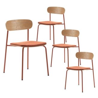 Lot de 4 chaises dossier bois assise tissu et pieds métal brique - RIDILA