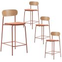 Lot de 4 tabourets de bar dossier bois assise tissu et pieds métal brique - RIDILA
