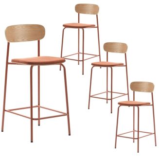Lot de 4 tabourets de bar dossier bois assise tissu et pieds métal brique - RIDILA