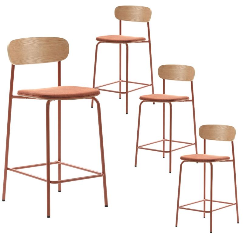 Lot de 4 tabourets de bar dossier bois assise tissu et pieds métal brique - RIDILA