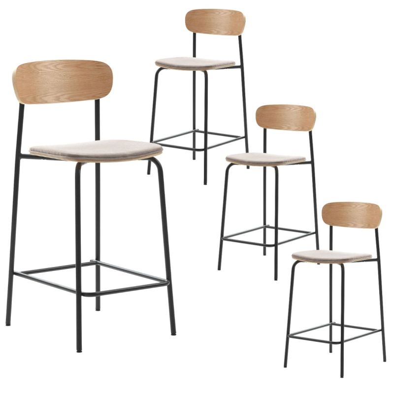 Lot de 4 tabourets de bar dossier bois assise tissu taupe et pieds métal noir - RIDILA