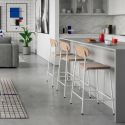 Lot de 4 tabourets de bar dossier bois assise tissu beige et pieds métal blanc - RIDILA
