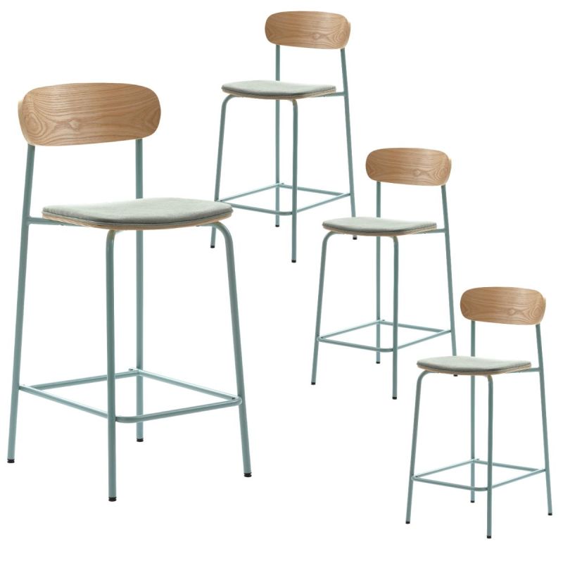 Lot de 4 tabourets de bar dossier bois assise tissu et pieds métal aigue-marine - RIDILA