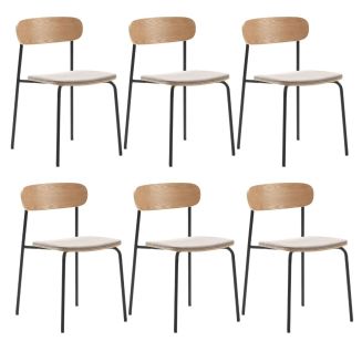 Lot de 6 chaises dossier bois assise tissu taupe et pieds métal noir - RIDILA
