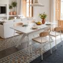 Lot de 6 chaises dossier bois assise tissu beige et pieds métal blanc - RIDILA