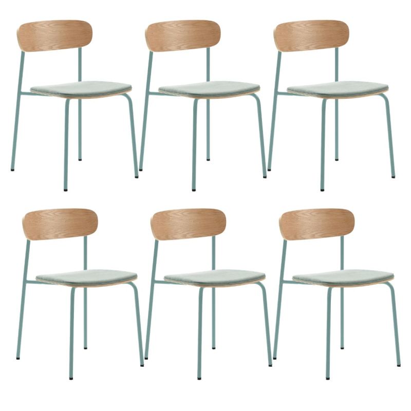 Lot de 6 chaises dossier bois assise tissu et pieds métal aigue-marine - RIDILA