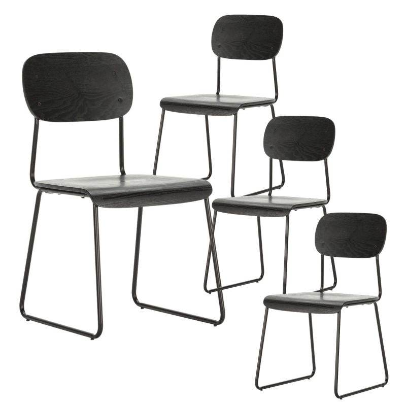 Lot de 4 chaises assise et dossier bois noir pieds luge métal noir - SCOLA