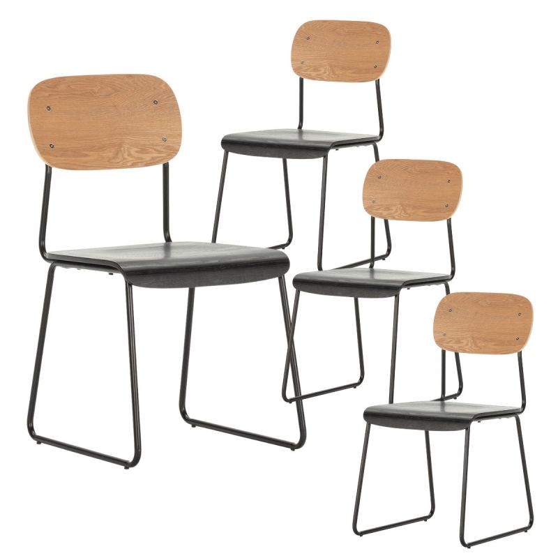 Lot de 4 chaises assise bois noir et dossier bois naturel pieds luge métal noir - SCOLA