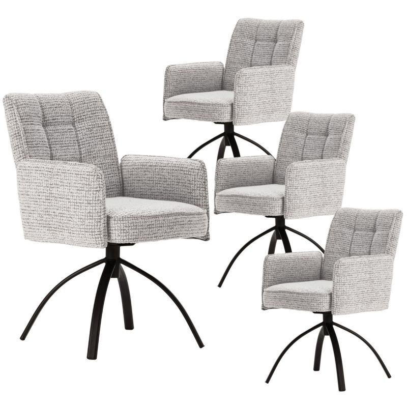 Lot de 4 fauteuils de table pivotants en tissu chenille gris pied design métal noir - CLAUDE