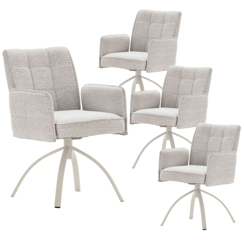Lot de 4 fauteuils de table pivotants en tissu chenille beige pied design métal crème - CLAUDE