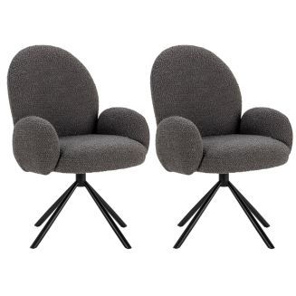 Lot de 2 chaises pivotantes tissu bouclettes gris foncé pied métal noir - MORENO