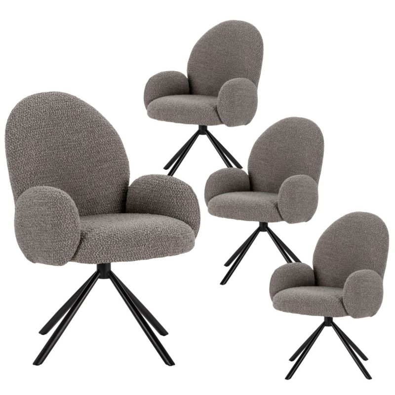 Lot de 4 chaises pivotantes tissu bouclettes gris clair pied métal noir - MORENO