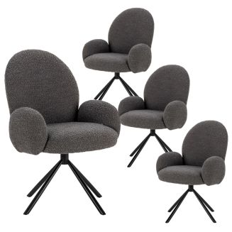 Lot de 4 chaises pivotantes tissu bouclettes gris foncé pied métal noir - MORENO