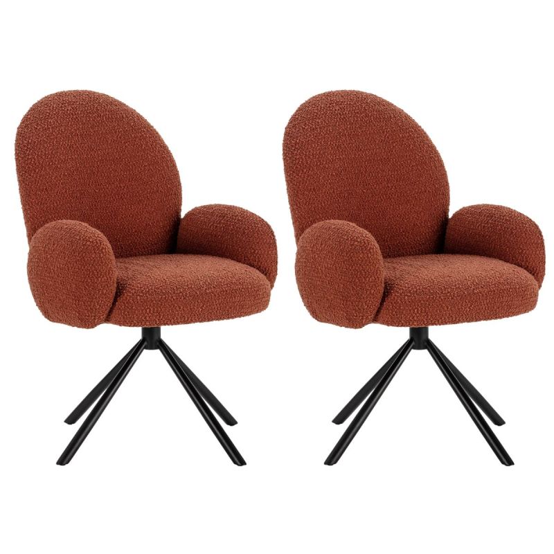 Lot de 2 chaises pivotantes tissu bouclettes brique pied métal noir - MORENO