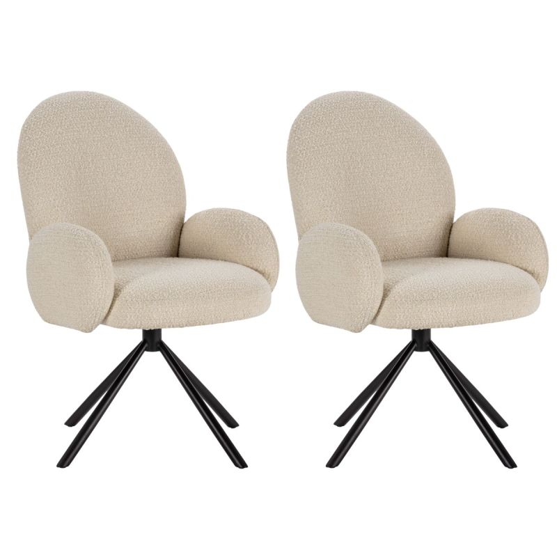 Lot de 2 chaises pivotantes tissu bouclettes crème pied métal noir - MORENO