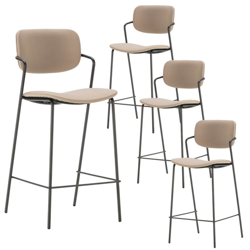Lot de 4 tabourets de bar structure métal noir assise et dossier en PU gris bleuté - AKIMA