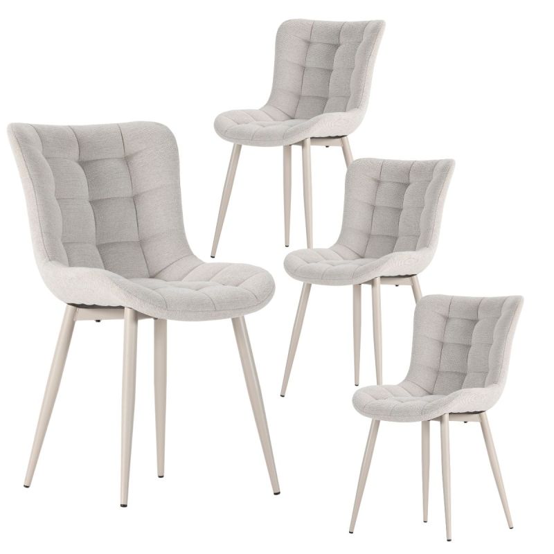 Lot de 4 chaises en tissu maille avec surpiqûres beige pieds métal crème - RIBEL
