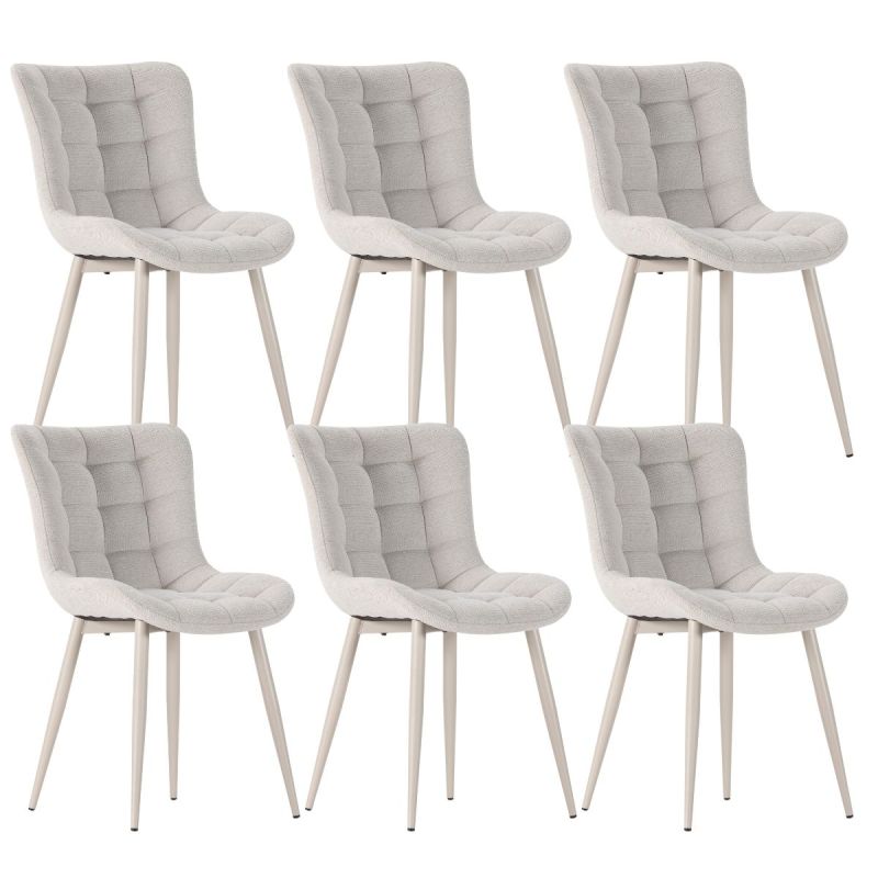 Lot de 6 chaises en tissu maille avec surpiqûres beige pieds métal crème - RIBEL