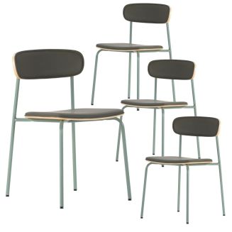 Lot de 4 chaises structure métal gris bleuté assise et dossier bois et PU vert - LAURA