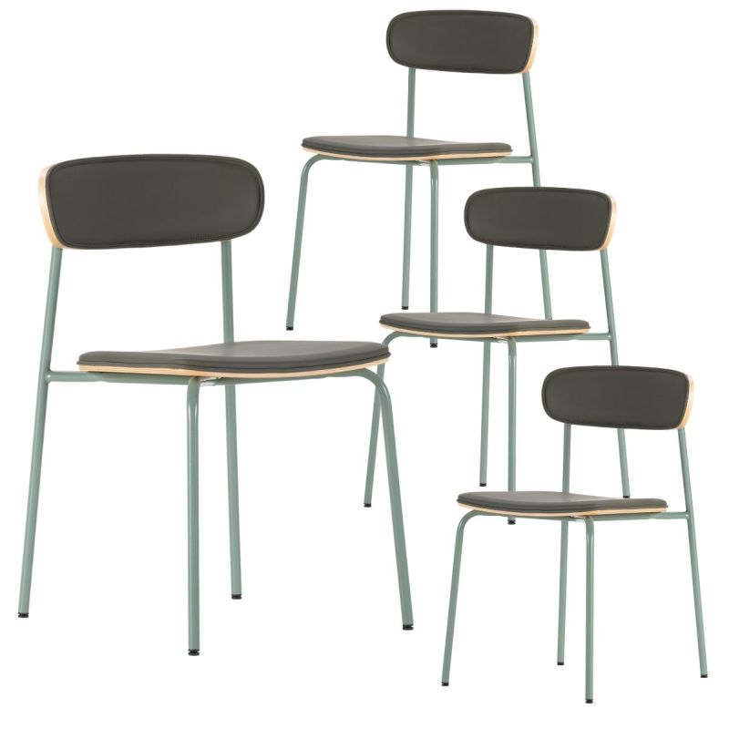 Lot de 4 chaises structure métal gris bleuté assise et dossier bois et PU vert - LAURA