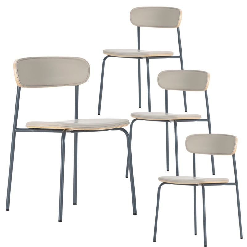 Lot de 4 chaises structure métal bleu foncé assise et dossier bois et PU beige - LAURA