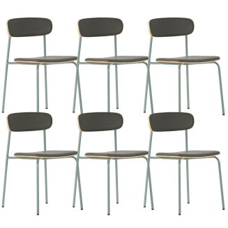 Lot de 6 chaises structure métal gris bleuté assise et dossier bois et PU vert - LAURA