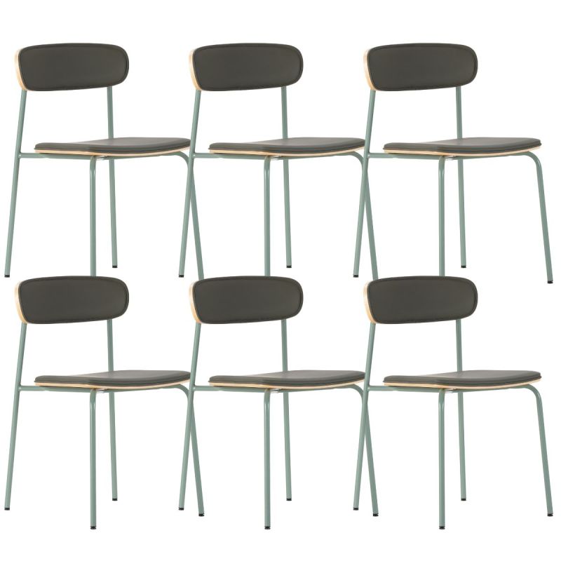 Lot de 6 chaises structure métal gris bleuté assise et dossier bois et PU vert - LAURA