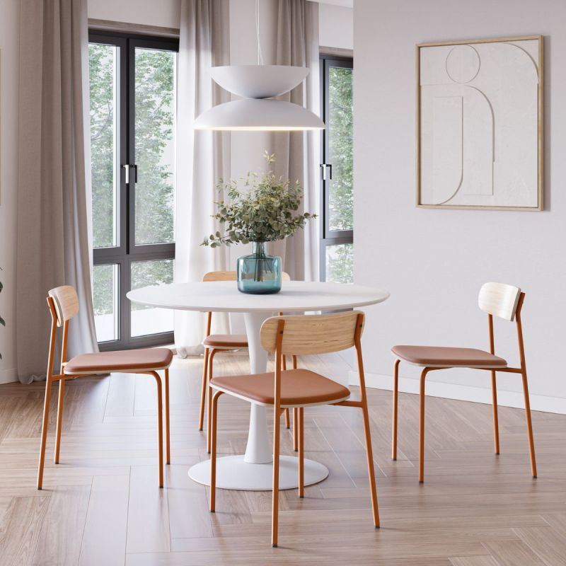 Table ronde blanche + 4 chaises bois et métal brique - CANTIQUE