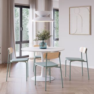 Table ronde blanche + 4 chaises bois et métal aigue-marine - CANTIQUE