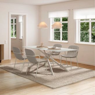 Table rectangle + 4 chaises tissu beige pieds métal crème - AXELLE