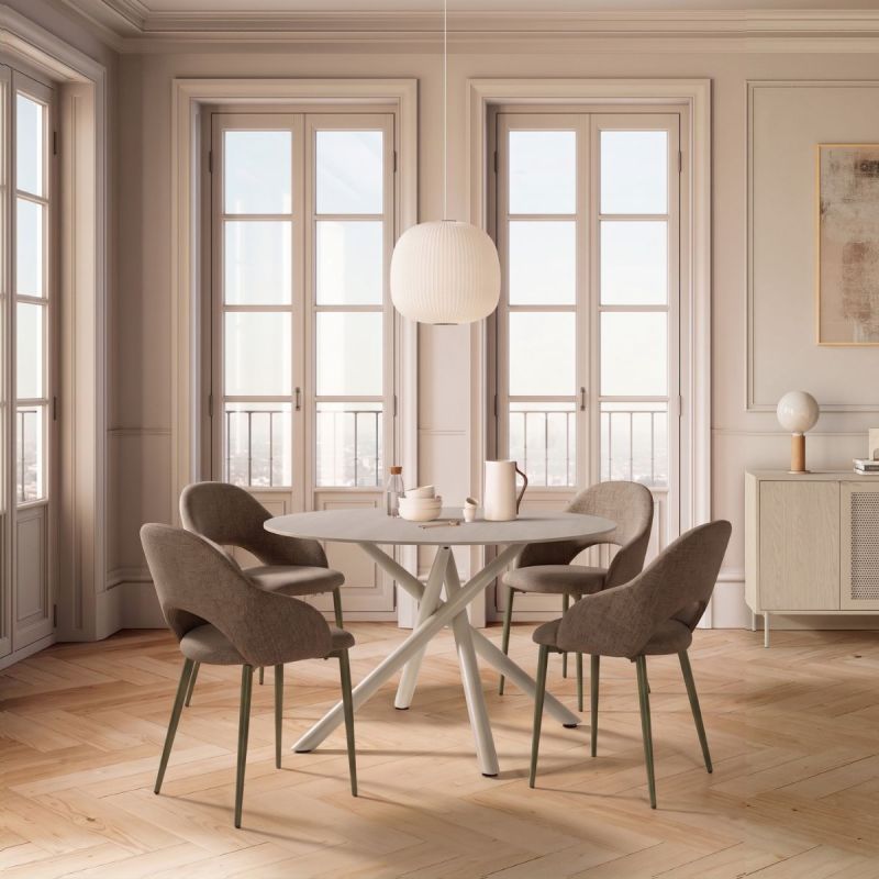 Table ronde crème + 4 chaises vertes design pieds métal vert - AXELLE
