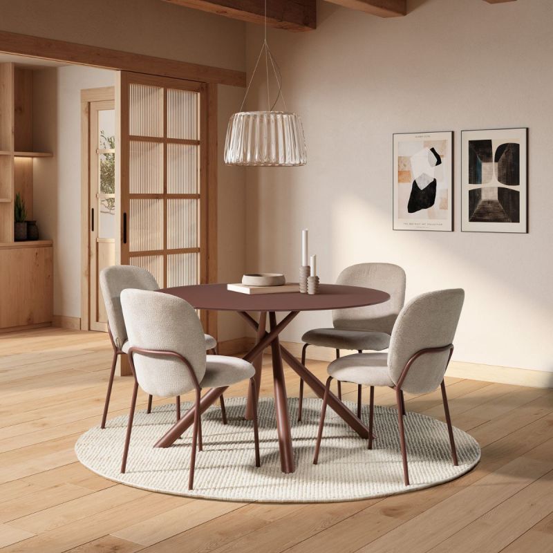 Table ronde + 4 chaises tissu beige pieds métal terracotta - AXELLE