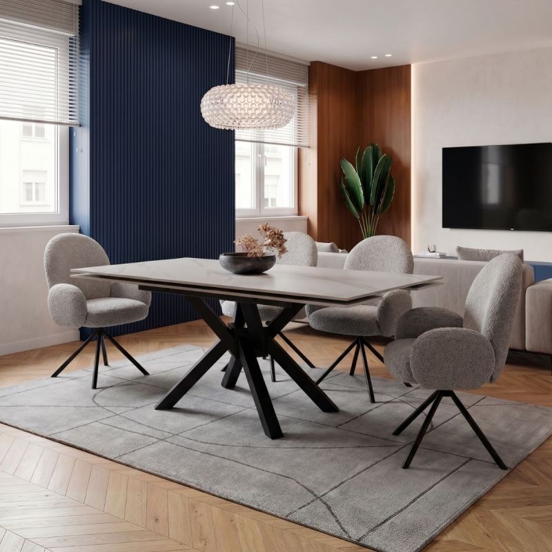 Table ext. en pierre blanche + 4 chaises pivotantes grises - ARIETTE