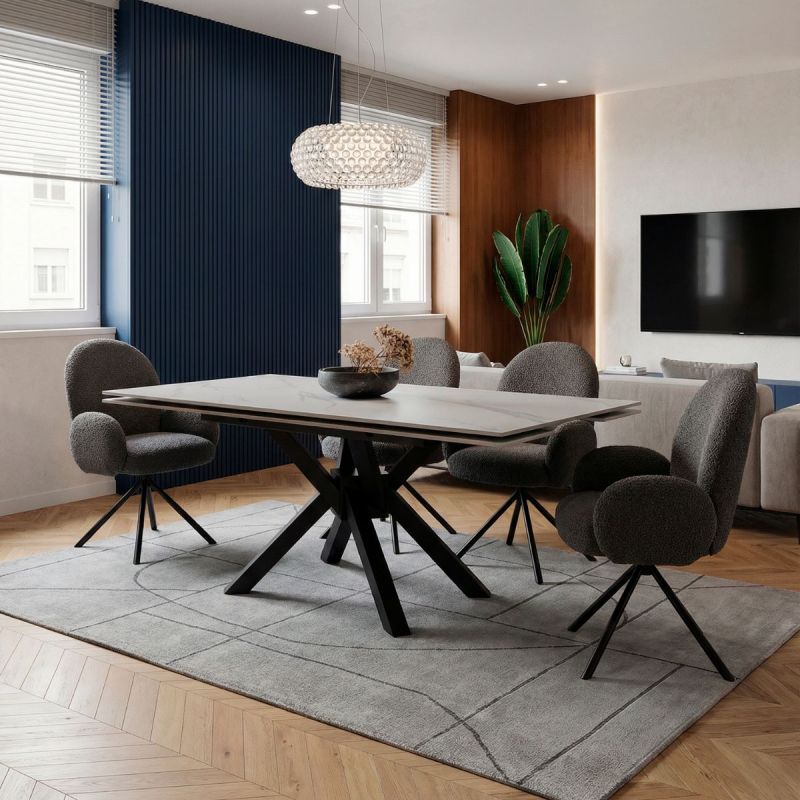 Table ext. en pierre blanche + 4 chaises pivotantes anthracites - ARIETTE