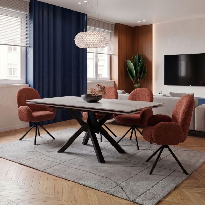 Table ext. en pierre blanche + 4 chaises pivotantes brique - ARIETTE