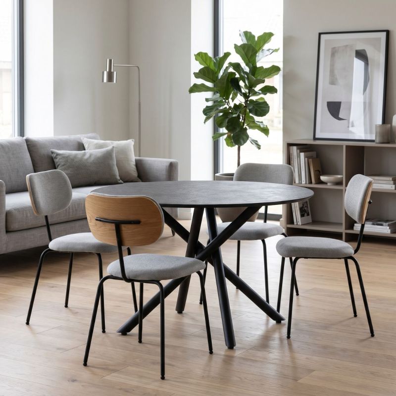 Table ronde design + 4 chaises tissu gris et métal noir - AMAEL